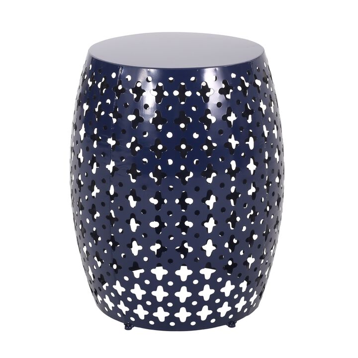 Miami Outdoor End Table, Cutout Design, Round 17 Inch, Navy Blue Iron - Benzara