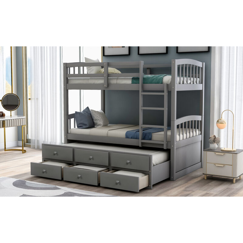 Twin Bunk Bed With Ladder, Safety Rail, Twin Trundle Bed With 3 Drawers For Teens Bedroom