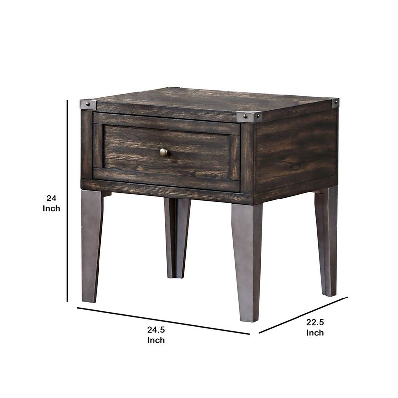 1 Drawer Wooden End Table with Metal Angled Legs, Brown-Benzara