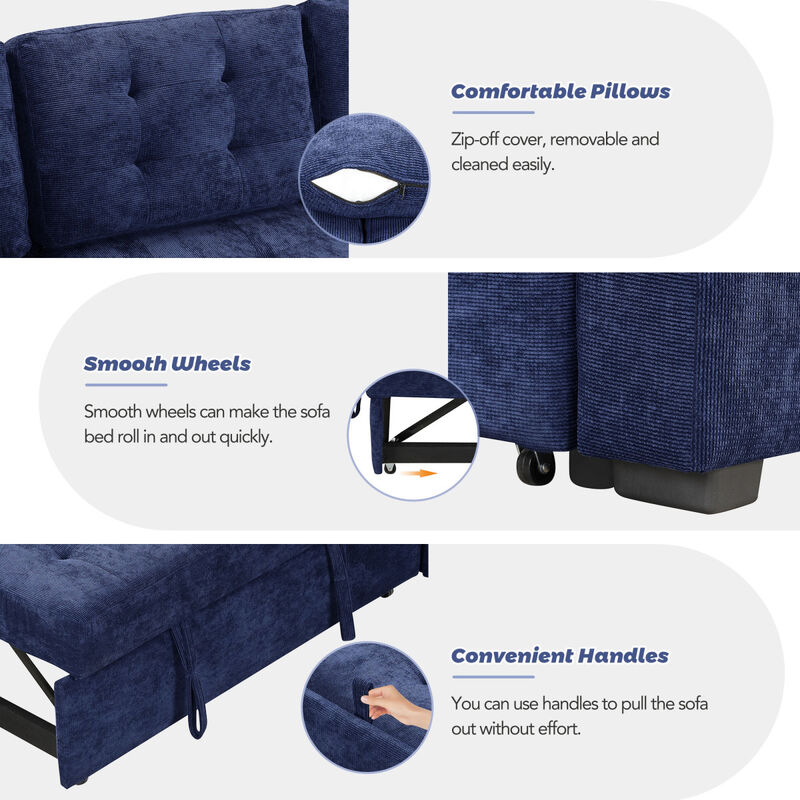 82.6" L-Shape Sofa Bed with USB Ports and Wheels, Navy Blue