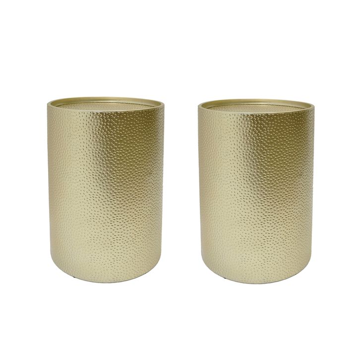Bet Side End Table Set of 2, 16 Inch Round Tray, Modern Hammered Gold - Benzara