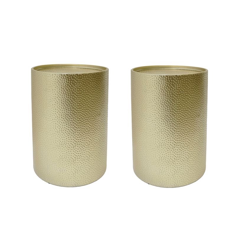 Bet Side End Table Set of 2, 16 Inch Round Tray, Modern Hammered Gold - Benzara