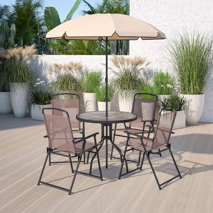 Flash Furniture Nantucket 6-Piece Patio Dining Set with Glass Table, 4 Folding Chairs, and Umbrella, Outdoor Patio Table, Chairs, and Umbrella Set, Black