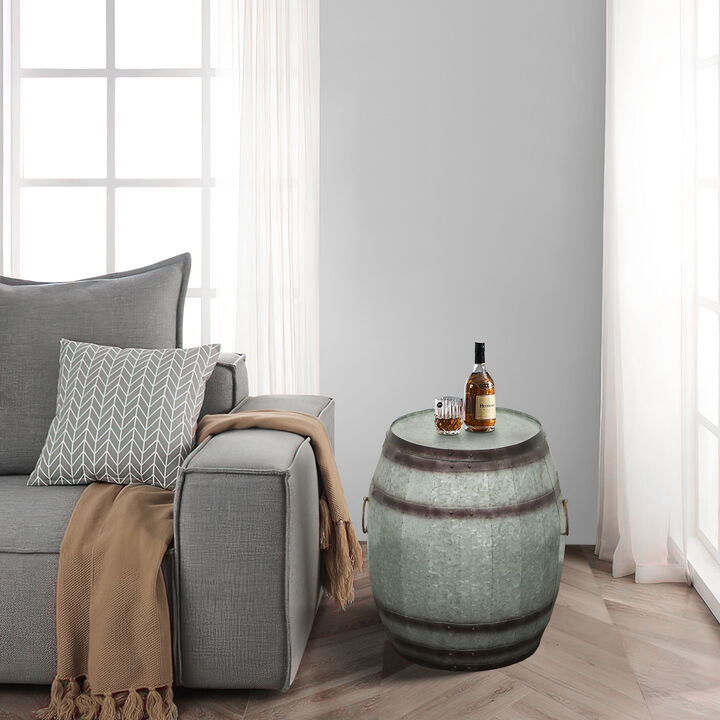 Drum Shape Metal Wine Storage Table with Removable Lid, Rustic Brown and Gray-Benzara