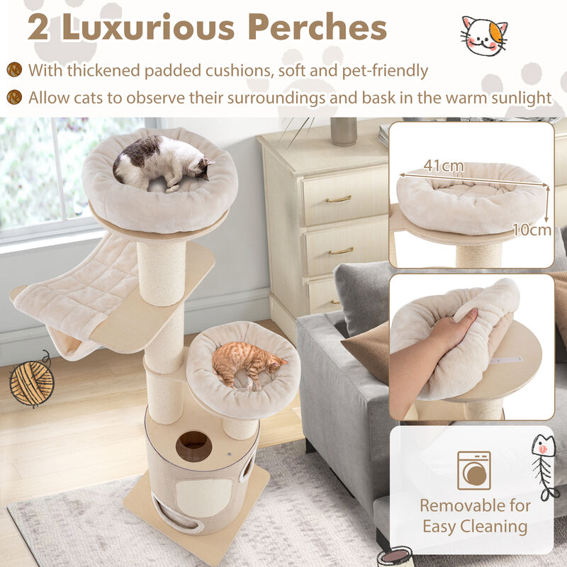 Tall Wooden Cat Tower Tree with 2-Story Cat Condo and Washable Cushions