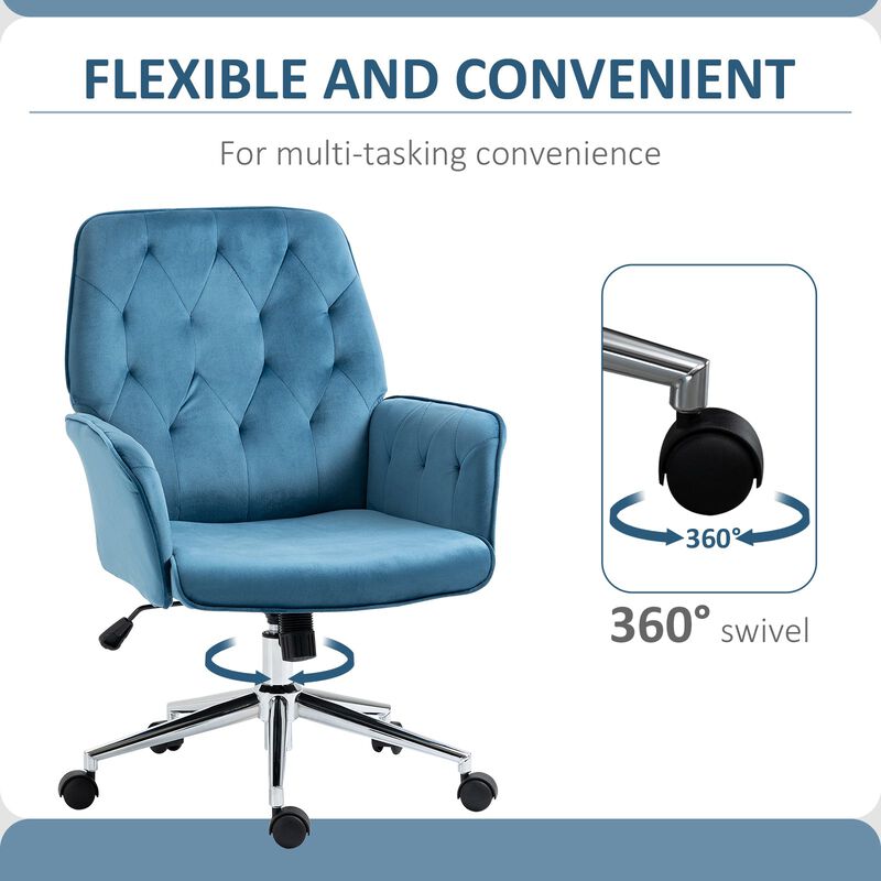Blue Task Chair: Modern Mid-Back Tufted Linen Fabric Office Chair