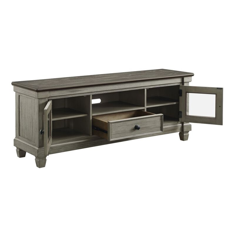 Rome 64 Inch TV Media Entertainment Console, Brown and Gray, Solid Wood - Benzara