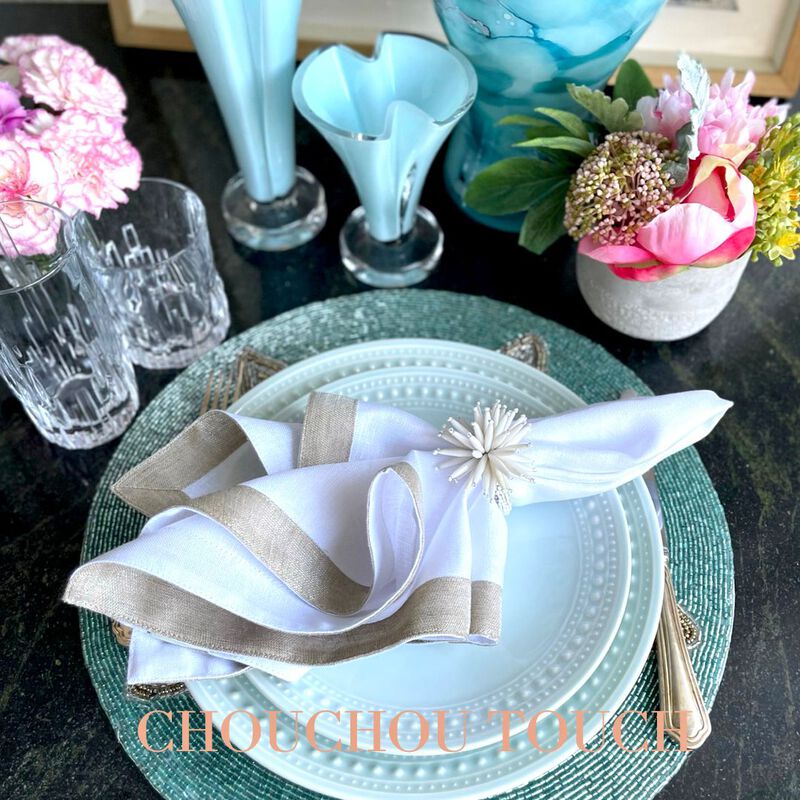 White Linen Napkins With Sparkle Borders, Set of 4
