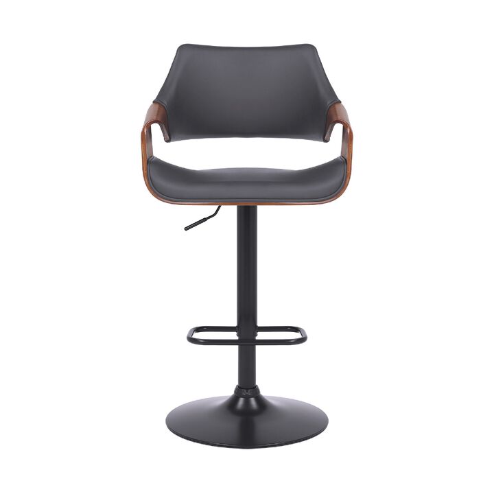 Adjustable Barstool with Faux Leather and Wooden Support, Black and Gray - Benzara