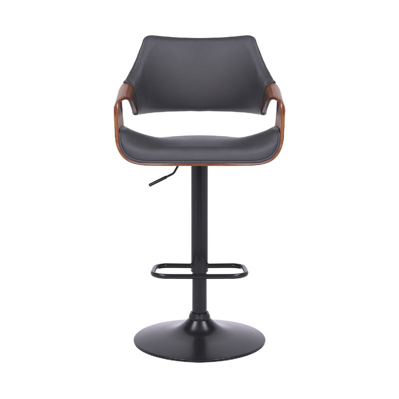 Adjustable Barstool with Faux Leather and Wooden Support, Black and Gray - Benzara