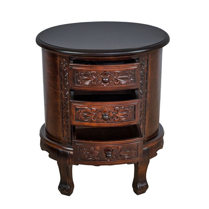 Wooden Chest with 3 Drawer and Scrolled Details, Dark Brown-Benzara