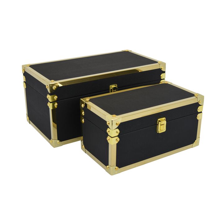 Mecca Storage Box Set of 2, Rivet Accents, Gold Metal Trim, Black Wood - Benzara