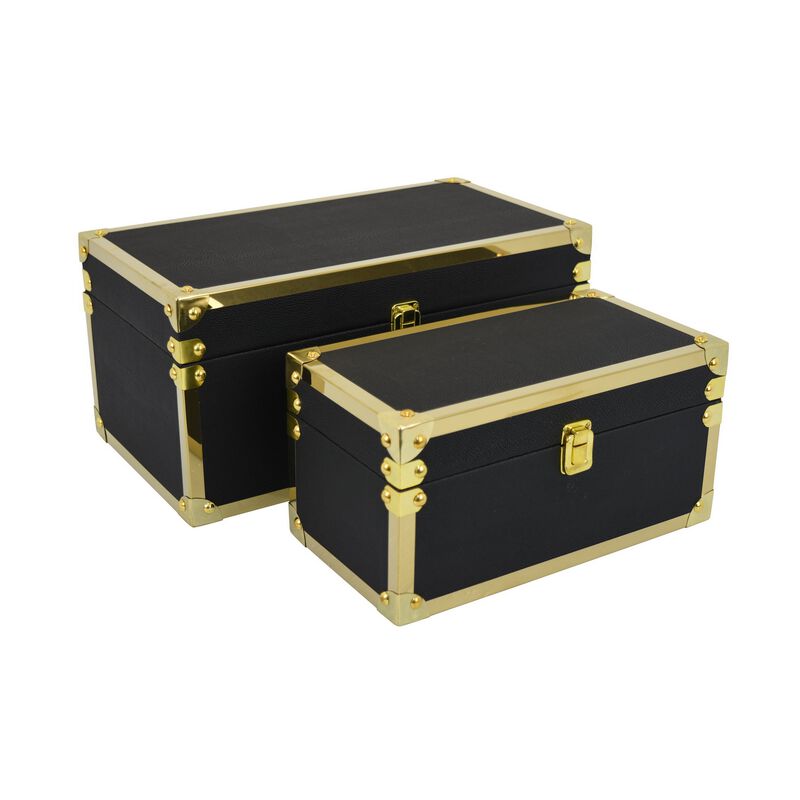 Mecca Storage Box Set of 2, Rivet Accents, Gold Metal Trim, Black Wood - Benzara