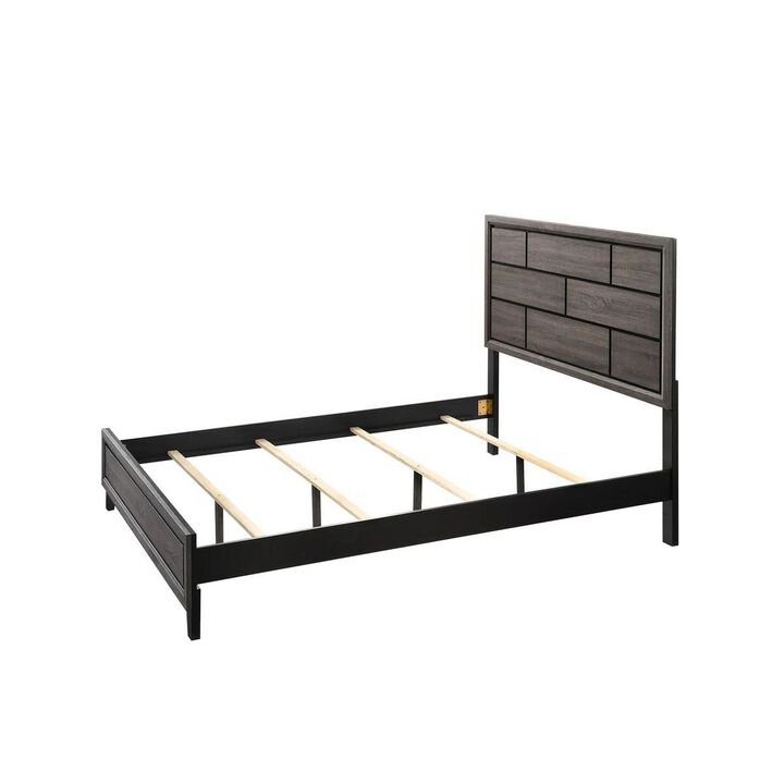 Benjara Asir Queen Size Bed, Geometric Panel Headboard, Modern Wood Finish, Gray and Black