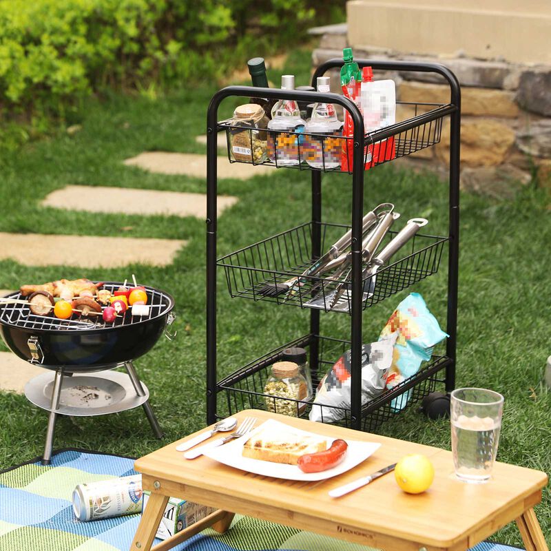 Rolling 3-Tier Metal Cart with Baskets and Lockable Wheels