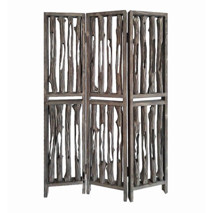 Contemporary 3 Panel Wooden Screen with Log Design, Brown - Benzara