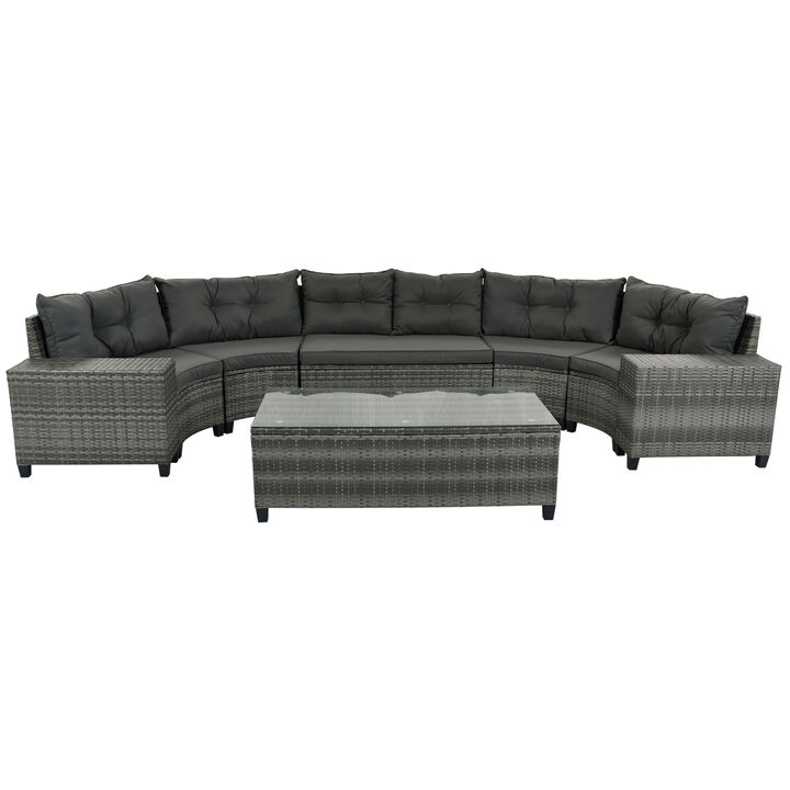 8-Pieces Outdoor Wicker Round Sofa Set, Half-Moon Sectional Sets All Weather, Curved Sofa Set