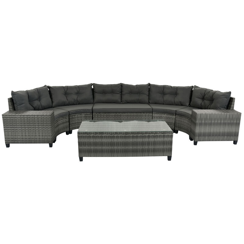 8-Pieces Outdoor Wicker Round Sofa Set, Half-Moon Sectional Sets All Weather, Curved Sofa Set