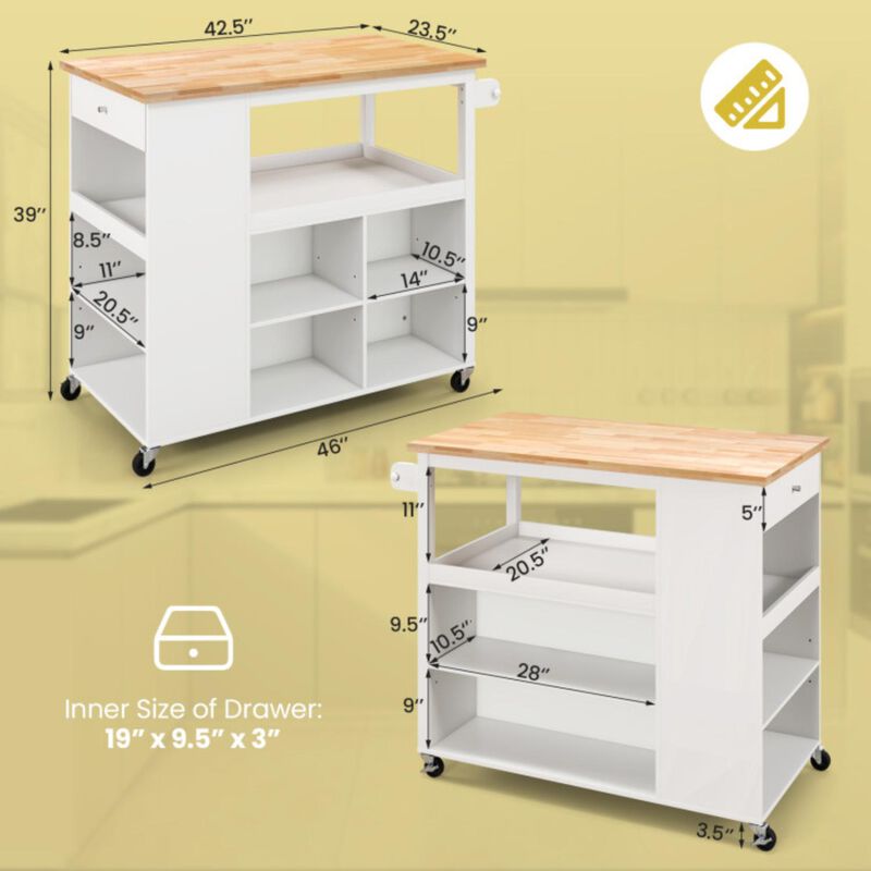 Hivvago Kitchen Island Trolley Cart on Wheels with Storage Open Shelves and Drawer-White