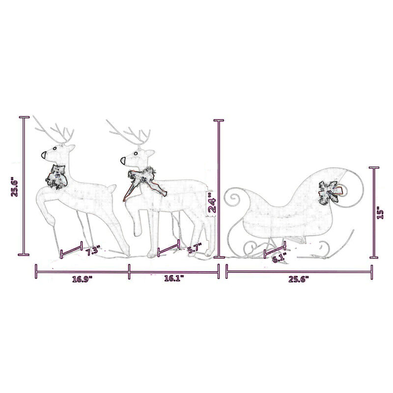4pc Outdoor Reindeer n Sleigh Christmas Decoration, 100 White LEDs - Benzara