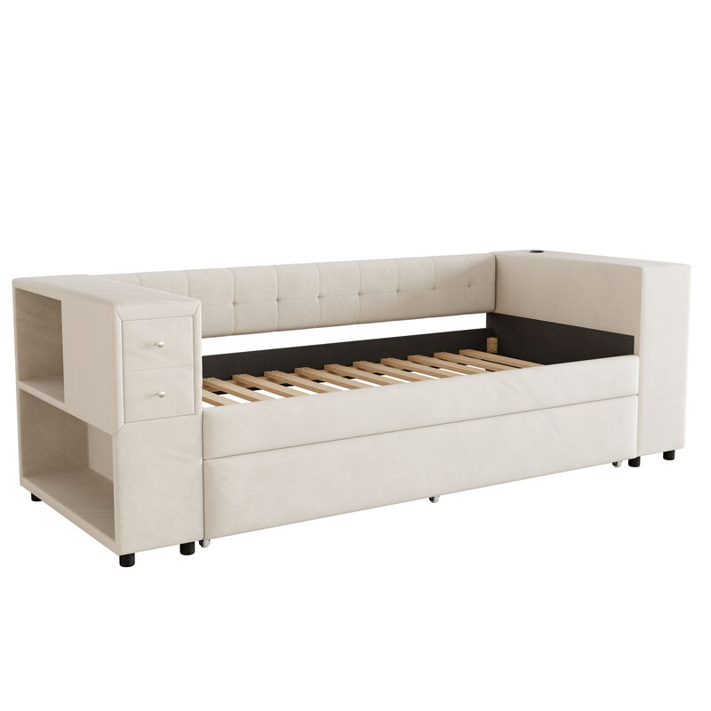 Merax Upholstered Bed with Trundle and USB Charging Ports