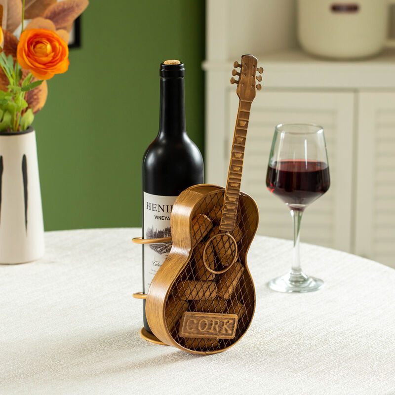 Vintiquewise Decorative Metal Guitar Shape Wine Bottle and Cork Holder – A Unique Home Decor Piece and Countertop Accessory for Kitchens, Bars, and Dining Rooms, Great Collection for Wine Lovers