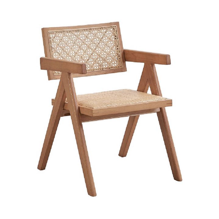 Tina 22 Inch Dining Armchair Set of 2, Woven Rattan, Natural Brown Wood - Benzara