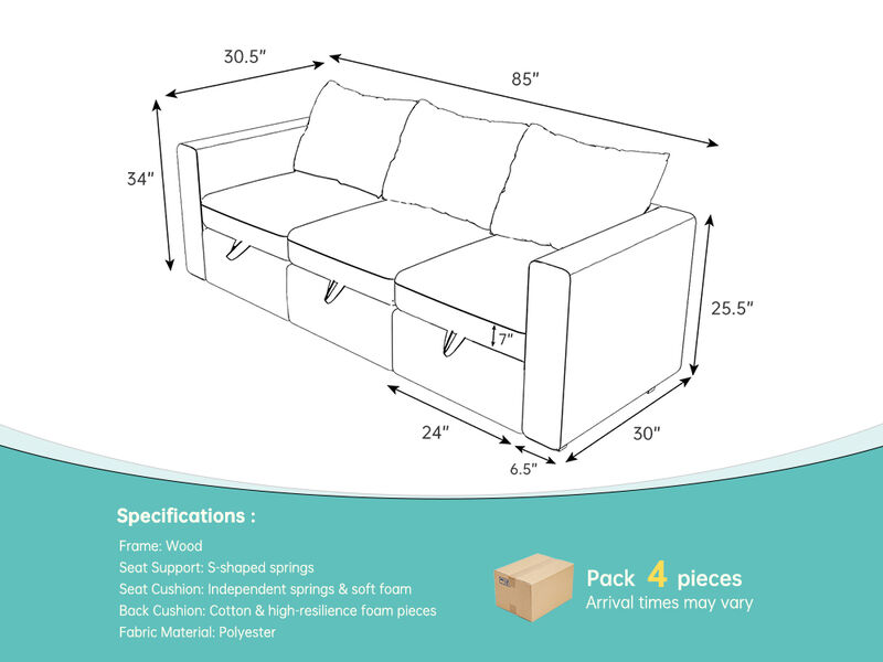 Livelylodge Modular 3-Seat Sofa with Wooden Frame and Pull-Out Bed,  Convertible Sectional Sofa for Living Room, Available in Black, White, and Gray 85" L x 30.5" W x 34" H.