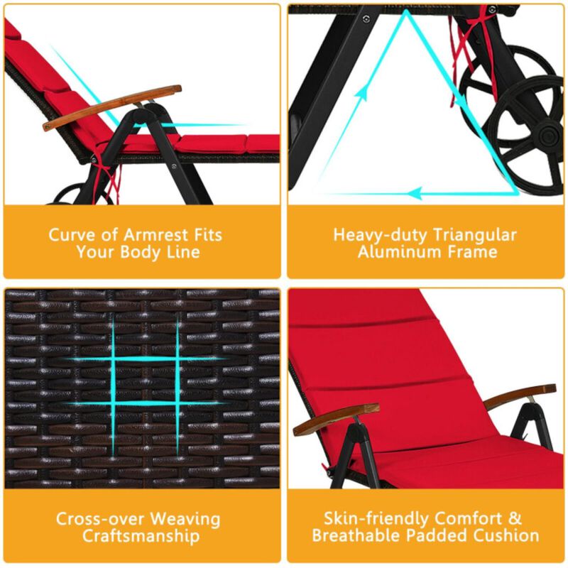 Hivvago Folding Patio Rattan Lounge Chair with Wheels