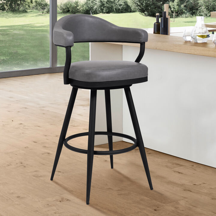 30 Inch Vegan Faux Leather Metal Bar Stool, Gray and Silver-Benzara