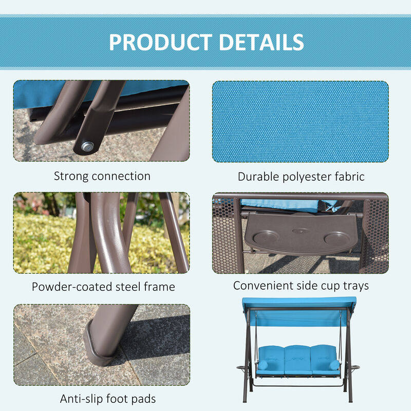 3-Person Outdoor Canopy Patio Cushioned Bench Patio Glider Swing Seat, Blue