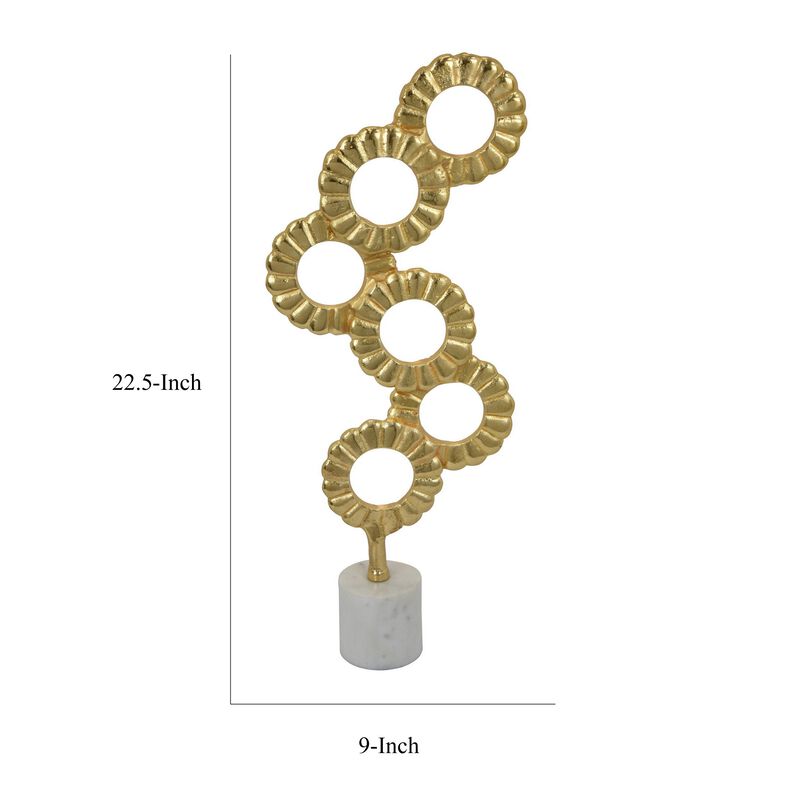 Sherry Tabletop Decor, 23 Inch Golden Metal Round Patterns, White Base - Benzara