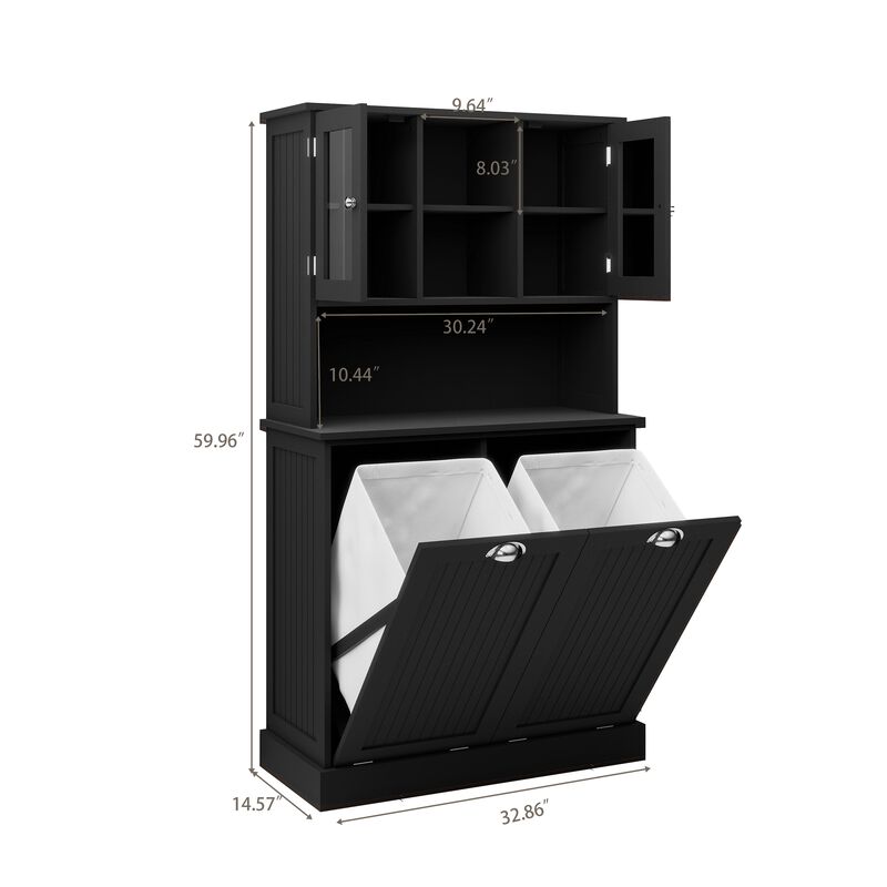 32.68 in. W. x 14.57 in. D x 59.69 in. H Black Freestanding Tilt-Out Linen Cabinet with Adjustable Shelves