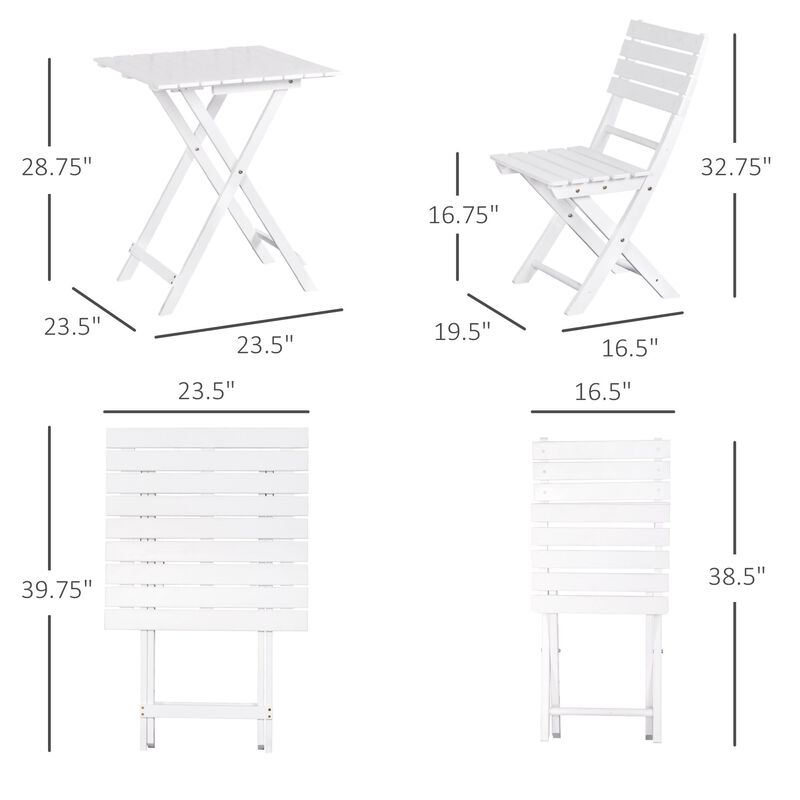 White Garden Trio: 3-Piece Folding Pine Wood Bistro Set