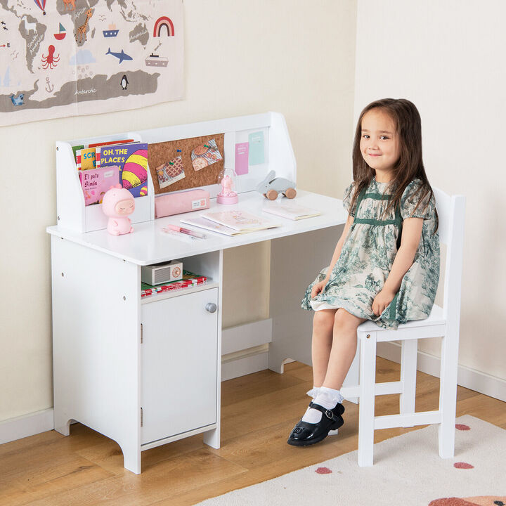 Wooden Kids Study Desk and Chair Set with Storage Cabinet and Bulletin Board