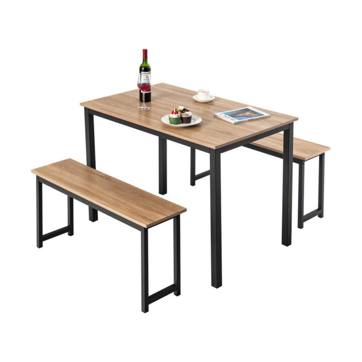 Hivvago 3 Pieces Dining Table Set with 2 Benches for Dining Room Kitchen Bar