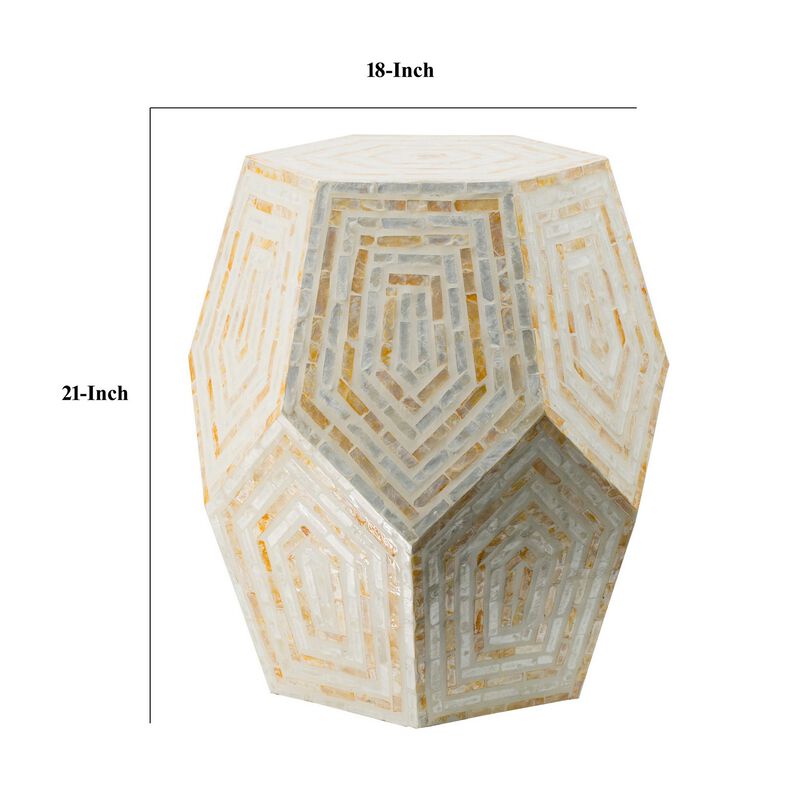 21 Inch Capiz Accent Stool Table, Hexagonal Drum, Angled Look, Beige White - Benzara