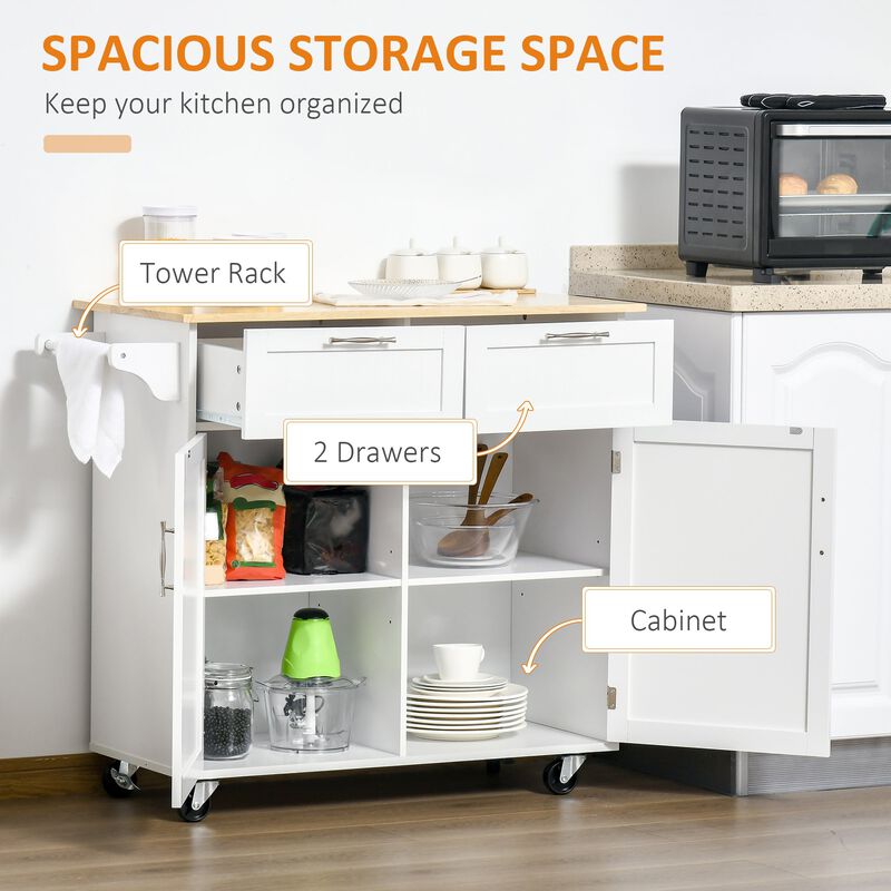 White Kitchen Island: 41" Rolling Cart with Rubberwood Top and Drawers