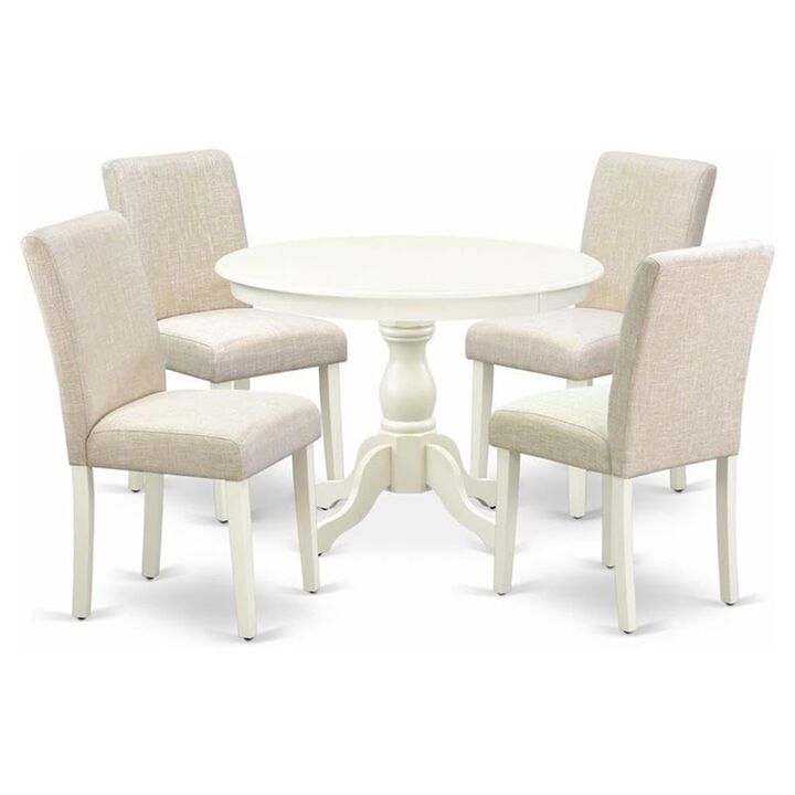 East West Furniture HBAB5-LWH-02 5 Piece Kitchen Table Set - Linen White Dining Room Table and 4 Light Beige Linen Fabric Kitchen Chairs with High Back - Linen White Finish