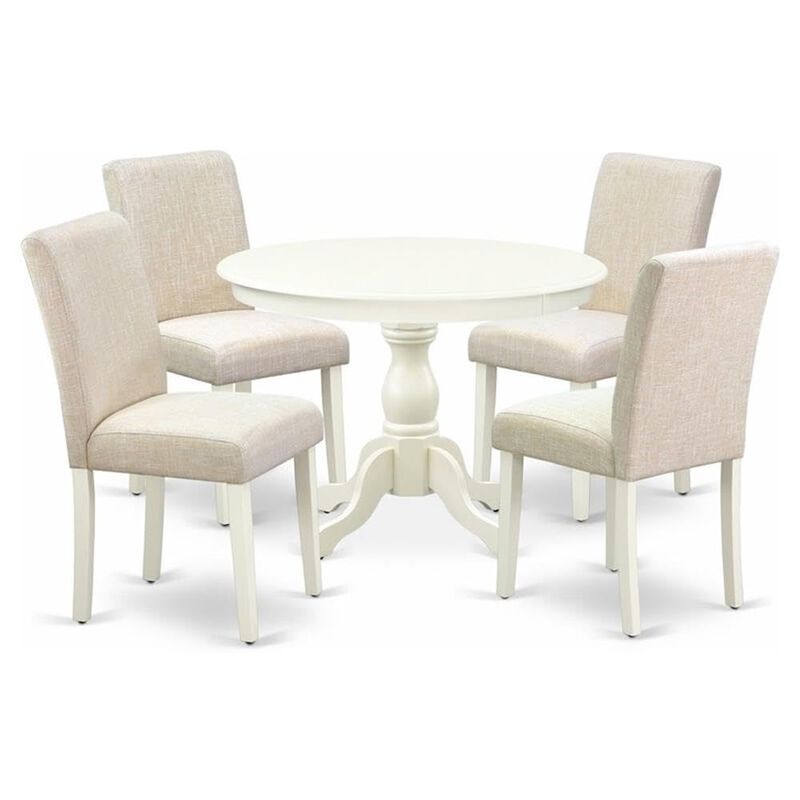 East West Furniture HBAB5-LWH-02 5 Piece Kitchen Table Set - Linen White Dining Room Table and 4 Light Beige Linen Fabric Kitchen Chairs with High Back - Linen White Finish
