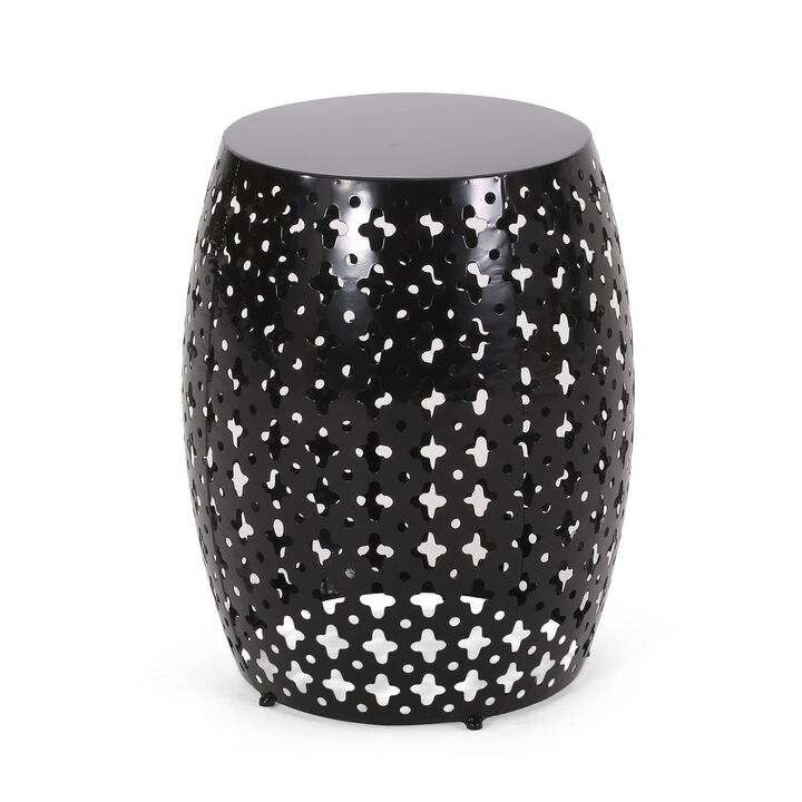 Miami Outdoor End Table, Cutout Design, Round 17 Inch, Black Iron - Benzara
