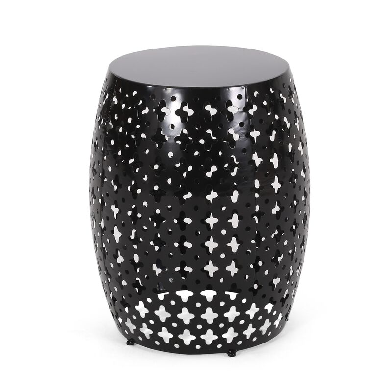 Miami Outdoor End Table, Cutout Design, Round 17 Inch, Black Iron - Benzara