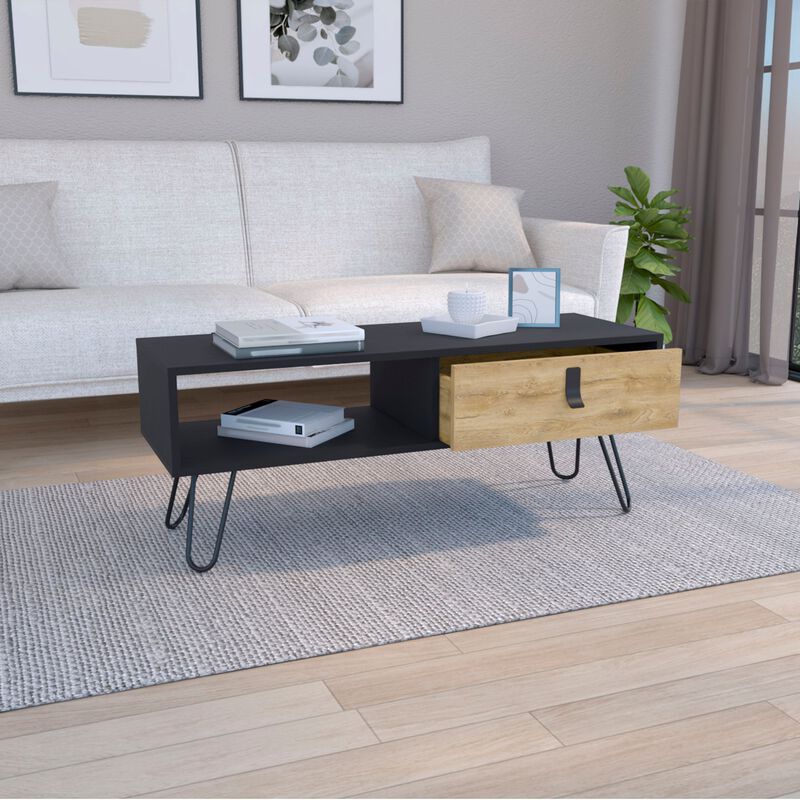 Huna Coffee Table with Hairpin Legs and Ample Storage Drawer-Black / Macadamia