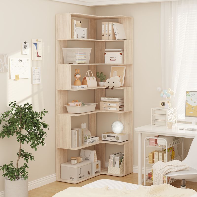 35.4 in. Wide Bright Wood Grain 7-Shelves Accent Bookcase, Open Back Bookshelf, Corner Bookcase (82 in. H x 23.6 in. D)