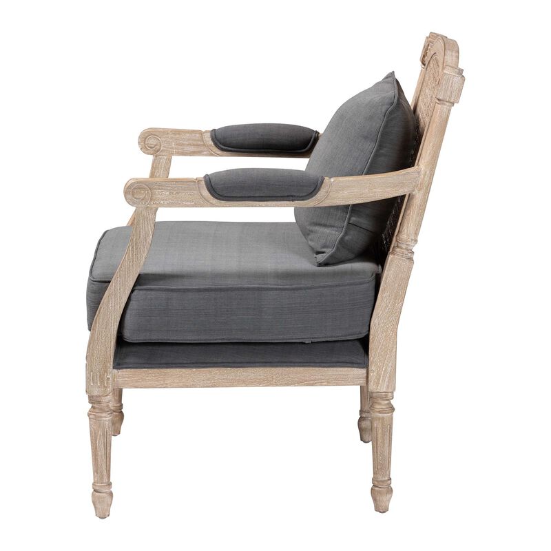 Baxton Studio Clemence French Provincial Grey Fabric Whitewashed Mahogany Wood Armchair