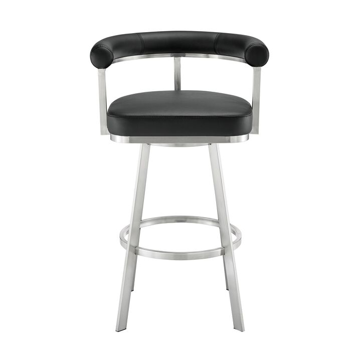 Weni 26 Inch Swivel Counter Stool Chair, Barrel Open Back, Chrome, Black - Benzara