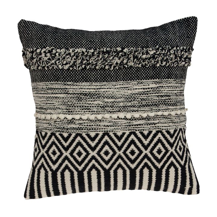 18" Black and Beige Bohemian Striped Zig Zag Square Throw Pillow