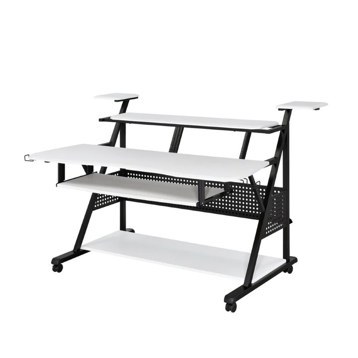 Gia 67 Inch Music Desk Workstation, Speaker Shelf, Keyboard Tray, White - Benzara