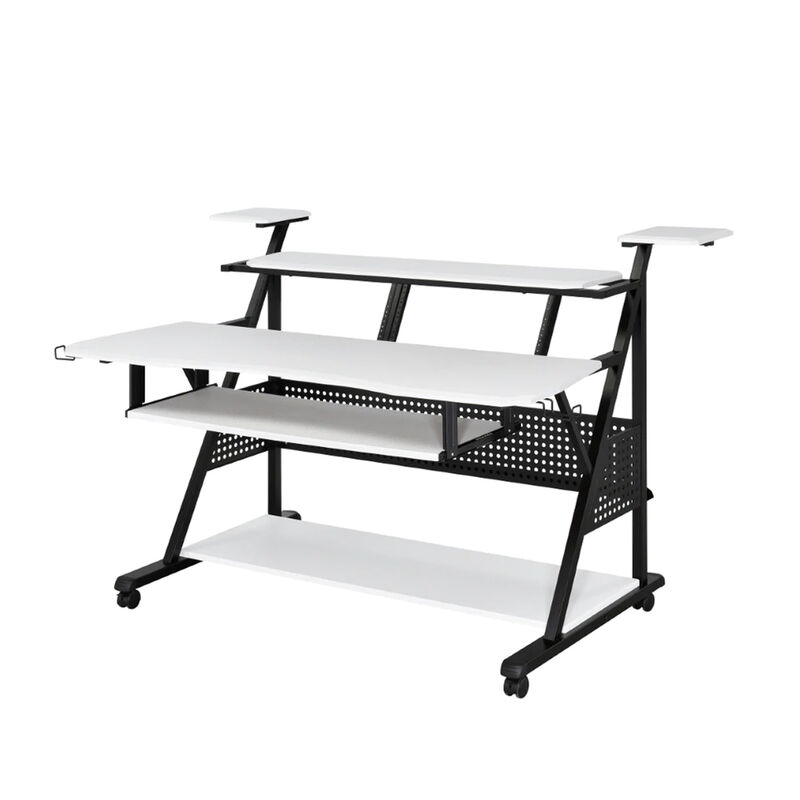 Gia 67 Inch Music Desk Workstation, Speaker Shelf, Keyboard Tray, White - Benzara
