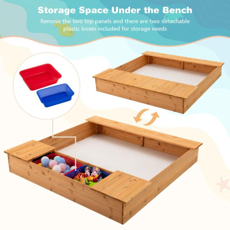 Hivvago Kids Wooden Sandbox with Bench Seats and Storage Boxes